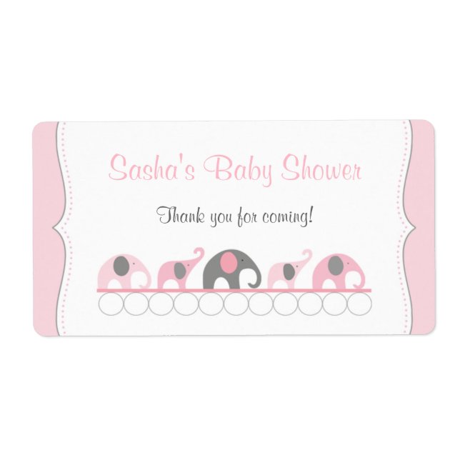 Rosa Elephants Baby Shower-Vattenflaska eller Favo Fraktsedel (Framsidan)