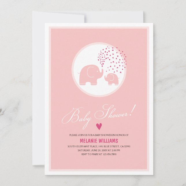 Rosa Elephants Hearts Girl Baby Shower-inbjudan Inbjudningar (Framsida)