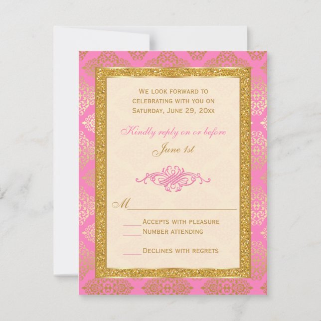 Rosa, Elfenben, Guldglitter, Damaskrosor RSVP-kort Inbjudningar (Framsida)