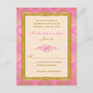Rosa, Elfenben, Guldglitter, Damaskrosor RSVP-kort Inbjudningar