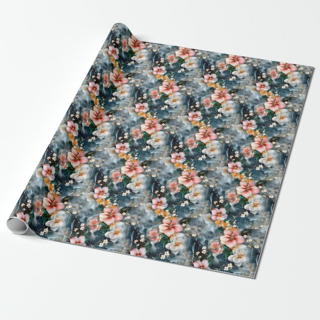 Rosa & Elfenbensfärgade Blommor på Marmor  Presentpapper (Utrullad)