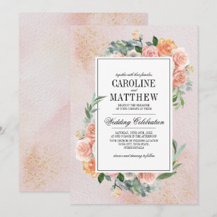 Rosa Elfenbenskustens Blommigt Watercolor Bröllop Inbjudningar