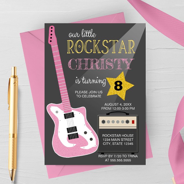 Rosa Elgitarr Rockstjärna Födelsedagsfest Inbjudningar (Skapare uppladdad)