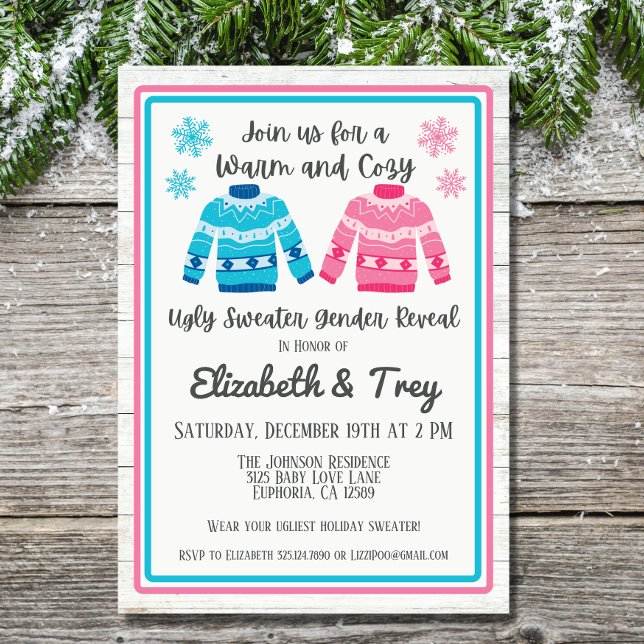 Rosa eller Blue Ugly Sweater Gender Reveal Inbjudningar (The perfect winter gender reveal!  The ugly sweater invitations are sure to make your party festive)