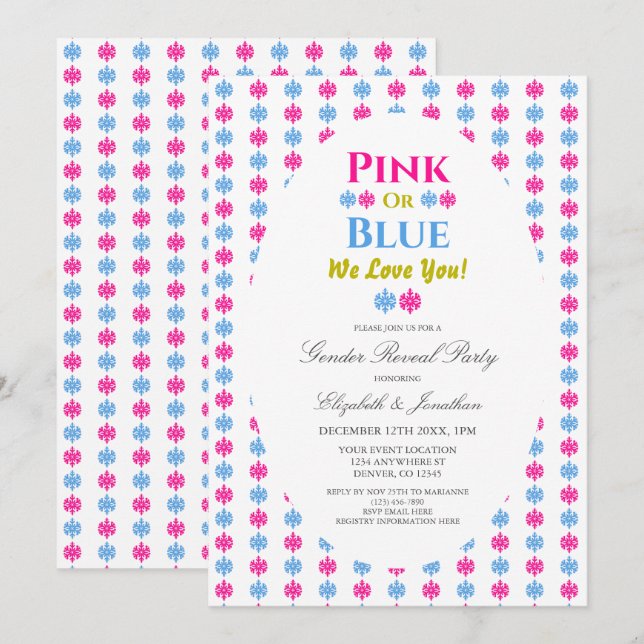 Rosa eller Blue We Kärlek You Snowflake Gender Rev Inbjudningar (Fram/baksida)