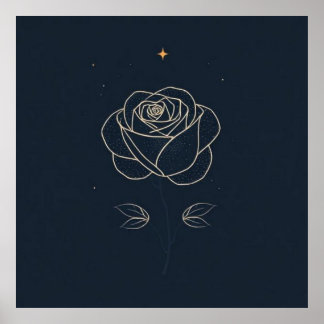 Rosa en contorno blanco bajo cielo estrellado poster