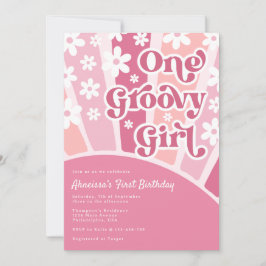 Rosa En Groovy Girl Retro Rainbow Photo Birthday Inbjudningar