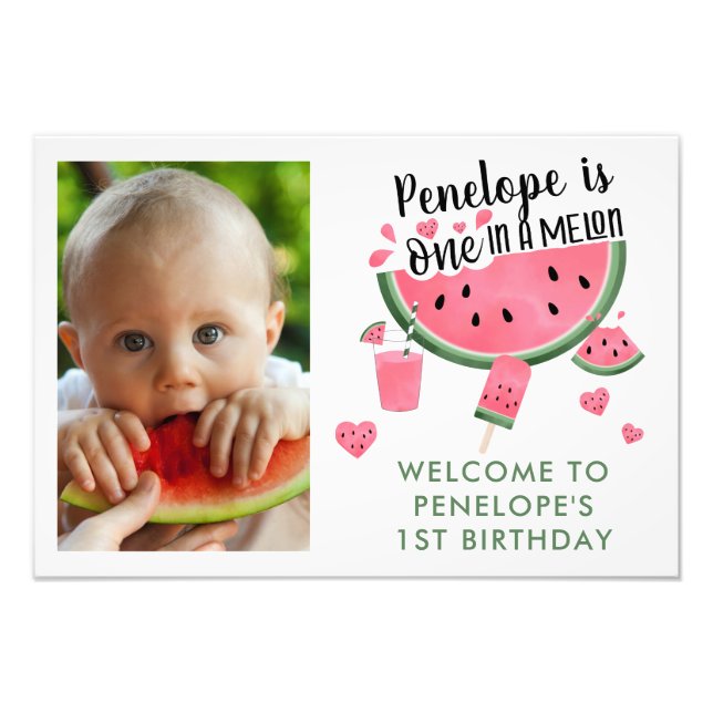 Rosa en i en Melon Photo Girl's 1st Birthday Fototryck (Framsidan)