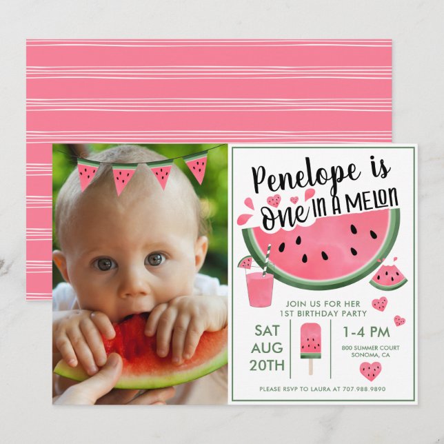 Rosa en i en Melon Photo Girl's 1st Birthday Inbjudningar (Fram/baksida)