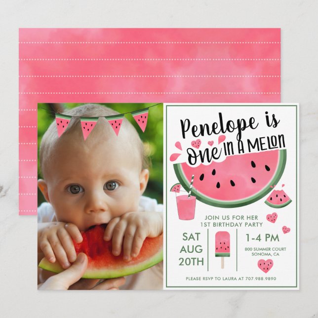 Rosa en i en Melon Photo Girl's 1st Birthday Inbjudningar (Fram/baksida)