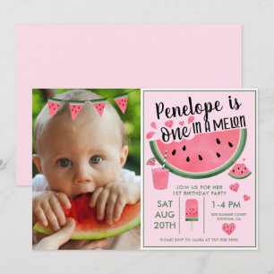 Rosa en i en Melon Photo Girl's 1st Birthday Inbjudningar
