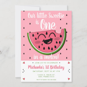 Rosa en i Melon Watermelon Girl's 1st Birthday Inbjudningar