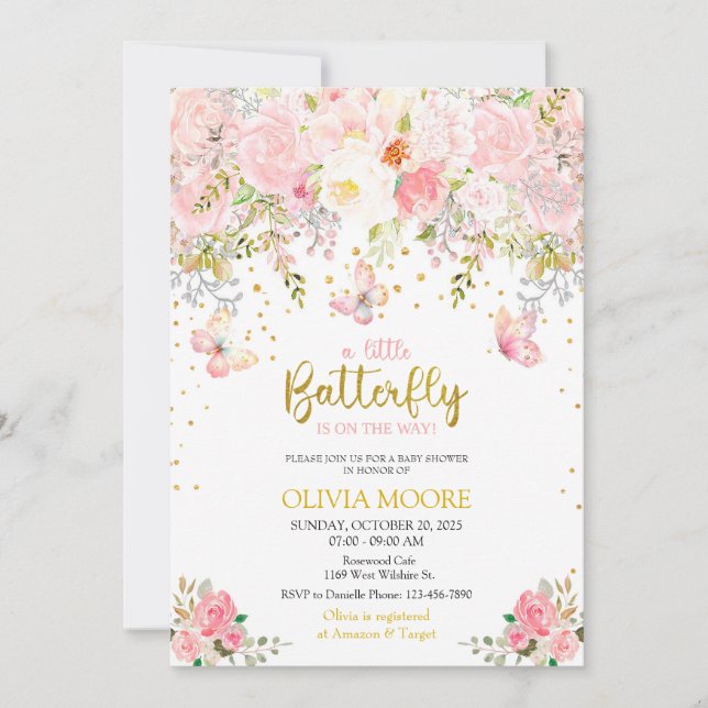 Rosa En liten babyduschinbjudan för fjäril Inbjudningar (Framsida)