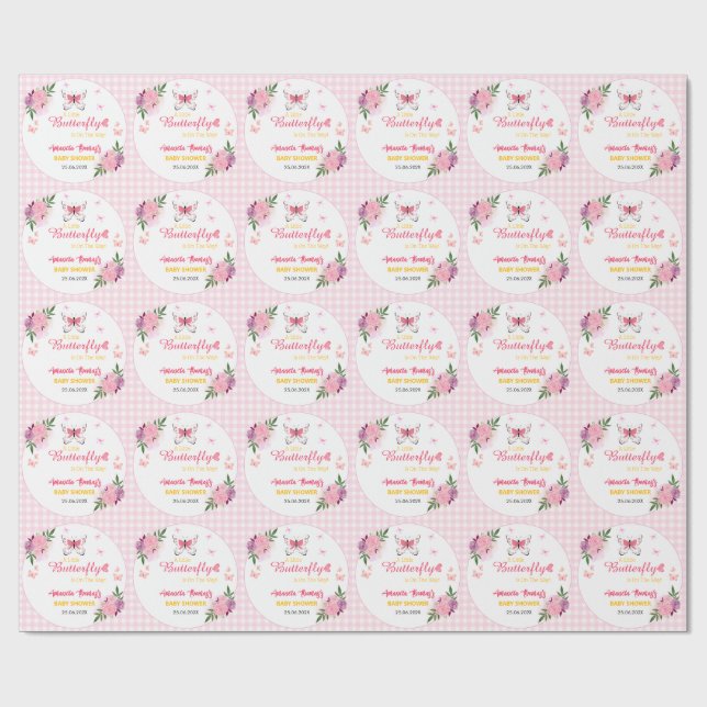 Rosa En Liten Fjäril Är På Väg Baby Shower  Presentpapper (Platt)