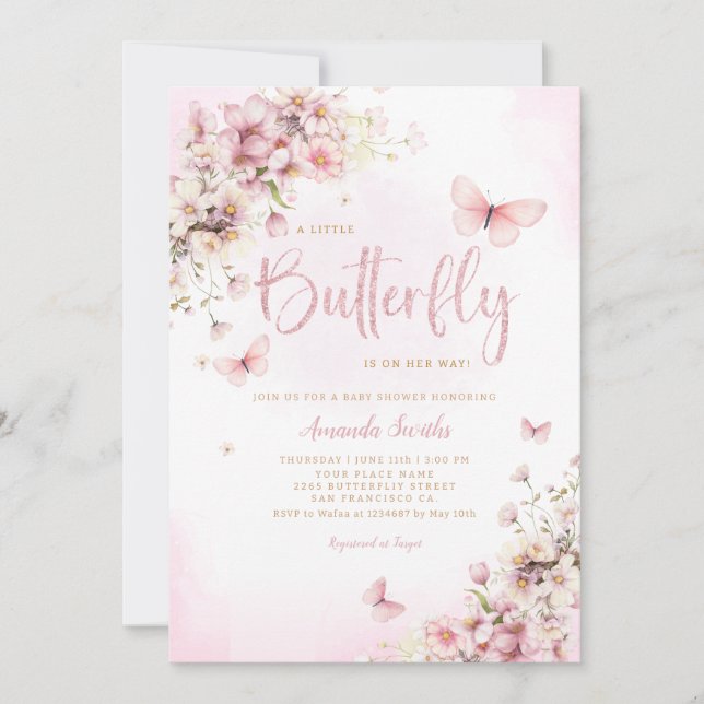  Rosa En liten fjäril-flicka Babyskugga Inbjudningar (Framsida)