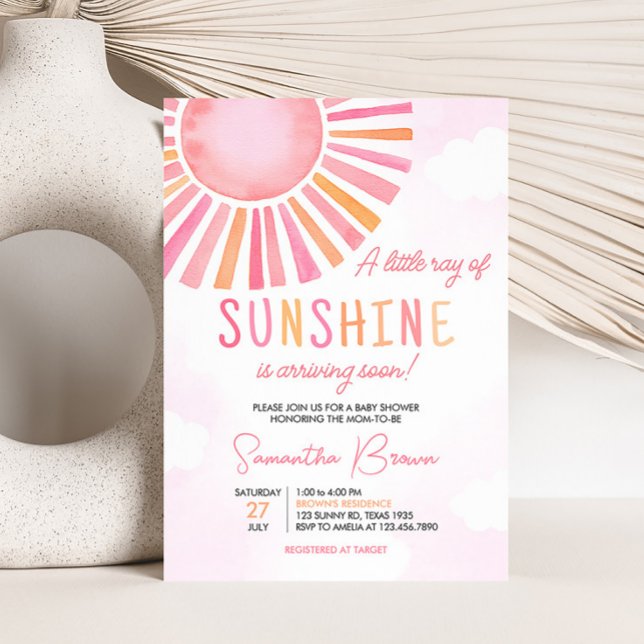 Rosa En Liten Stråle Av Solsken Baby Shower Inbjudningar (Girl Sunshine Baby Shower Invitation)