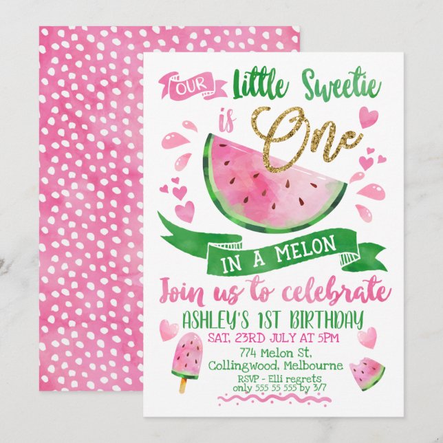 Rosa en på en Melon-inbjudan som inbjuds på första Inbjudningar (Fram/baksida)