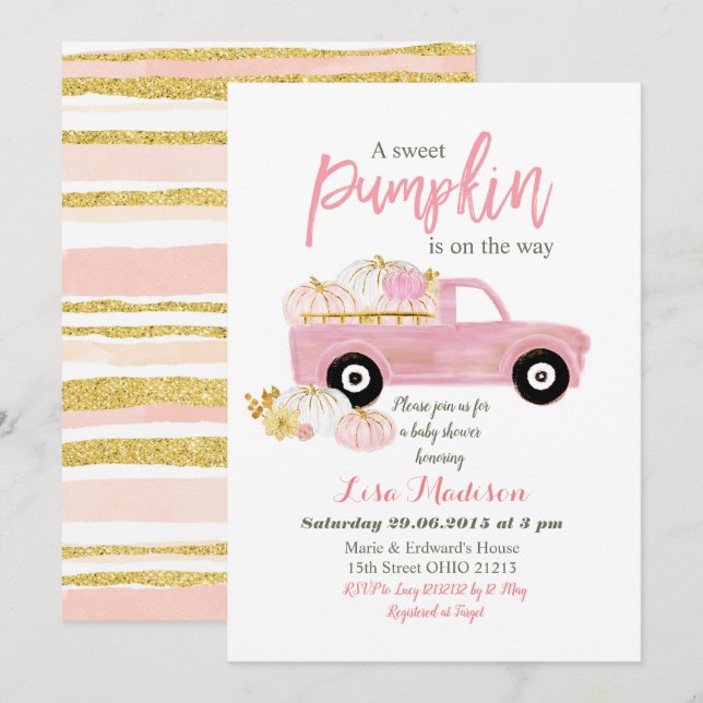 Rosa en söt pumpa är på väg baby shower inbjudningar (Fram/baksida)