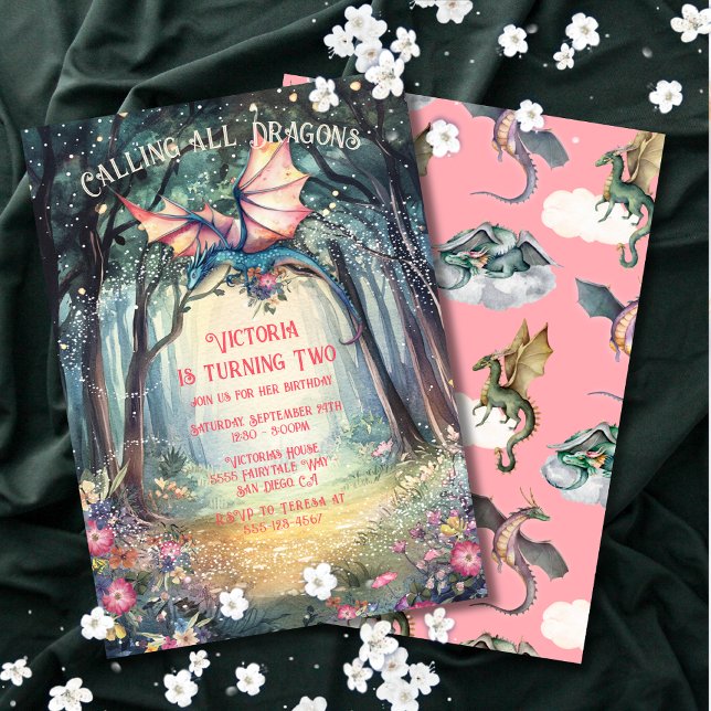 Rosa Enchanland Woodland Forest Dragon Birthday Inbjudningar (Skapare uppladdad)