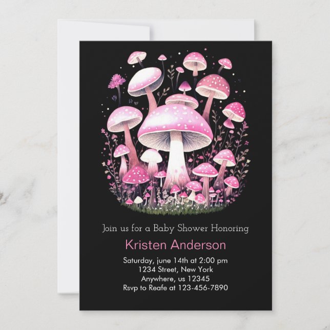 Rosa Enchanted Äventyr Mushroom Girl Baby Shower Inbjudningar (Framsida)