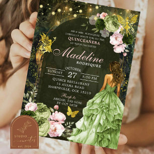 Rosa Enchanted Forest Fairy Princess Quinceanera Inbjudningar