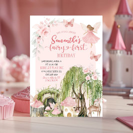 Rosa Enchanted Forest Girl Fairy First Birthday Inbjudningar