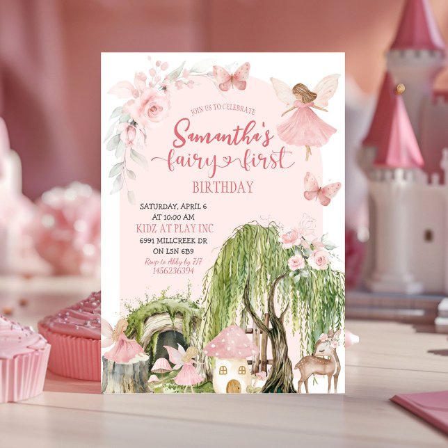 Rosa Enchanted Forest Girl Fairy First Birthday Inbjudningar (Skapare uppladdad)