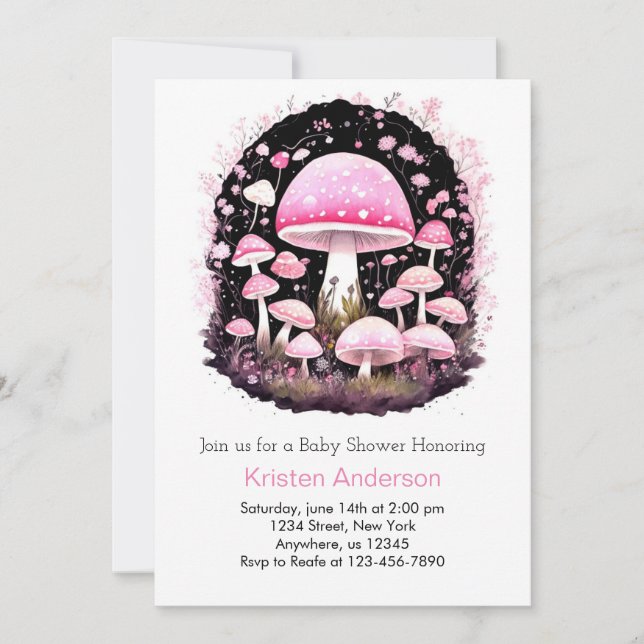 Rosa Enchanted Forest Mushroom Girl Baby Shower Inbjudningar (Framsida)
