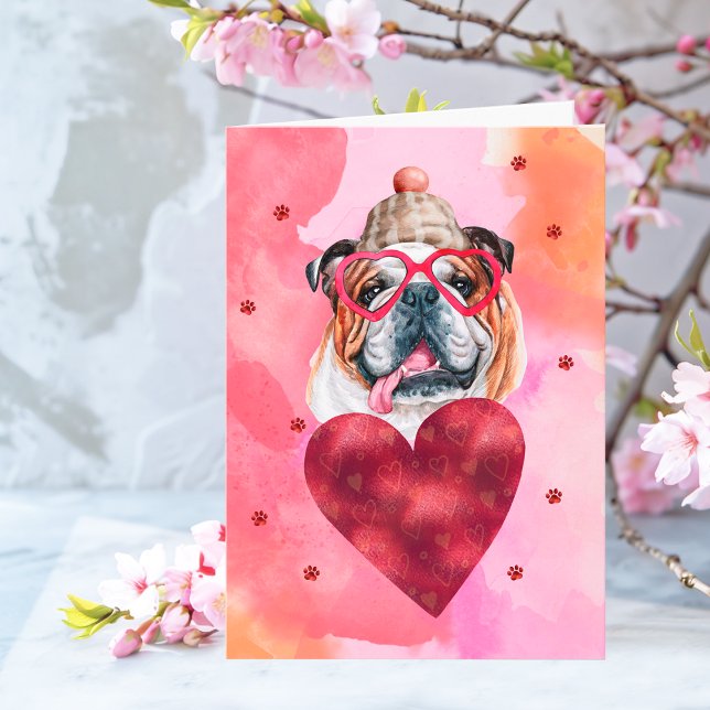 Rosa Engelsk Bulldog Valentine Day Present Hund Kort (Skapare uppladdad)