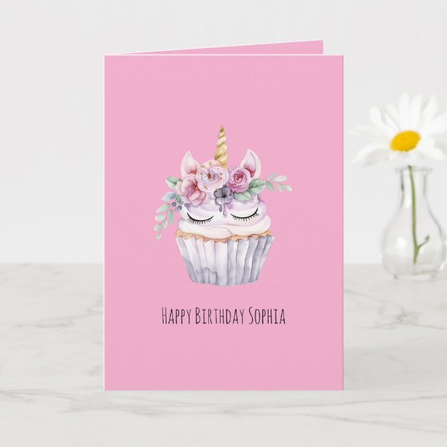 Rosa Enhörning Blommig Cupcake Födelsedag Kort (Liten växt)