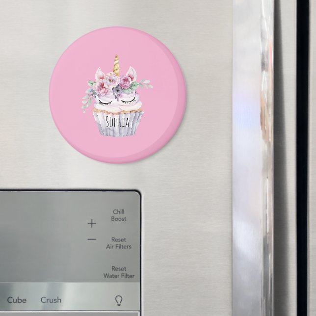 Rosa Enhörning Blommig Cupcake Födelsedag Magnet (In Situ (Fridge))
