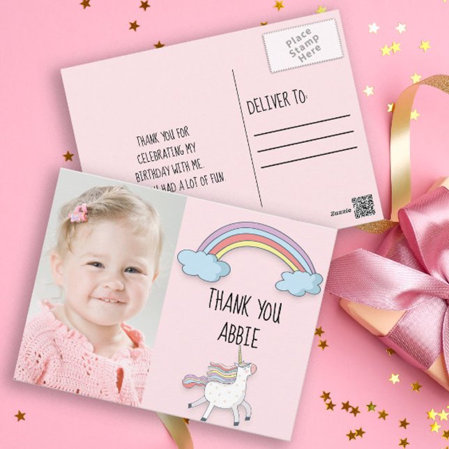 Rosa Enhörning / Födelsedagsfoto Tack Vykort (Little girl's pink unicorn and rainbow custom birthday party thank you card. )