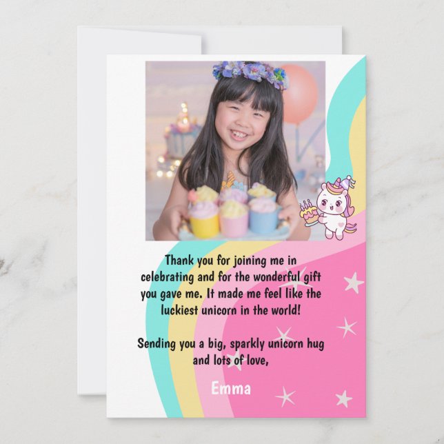 Rosa enhörning födelsedagspersonlig  tack kort (Framsida)