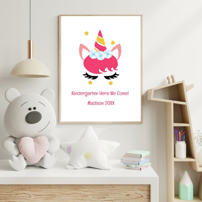 Rosa Enhörning Förskola Skola Alla År Poster (Pink Unicorn Kindergarten 1st Grade Grade School Personalized Poster for Girls)
