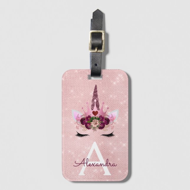 Rosa Enhörning Glitter Prinsessa Monogram Namn Bagagebricka (Framsida vertikal)