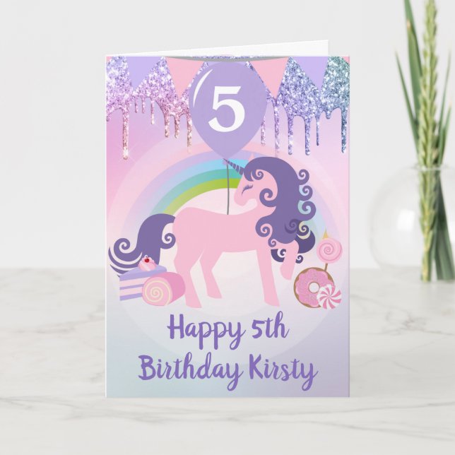 Rosa enhörning med regnbåge och godis 5-års födels kort (Framsida)