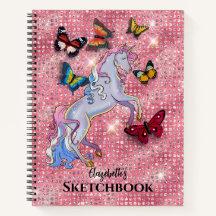 Rosa Enhörning och Fjärilar Glitter Skissbok