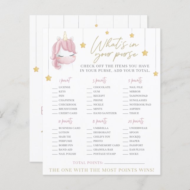 Rosa enhörning stjärnor baby shower handväska spel (Fram/baksida)