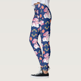 Rosa enhörningar & blommor på marinblått leggings