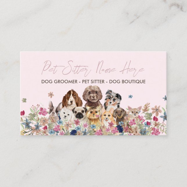 Rosa Enkel Hundras Valp Grooming Pet Sitter Visitkort (Framsida)