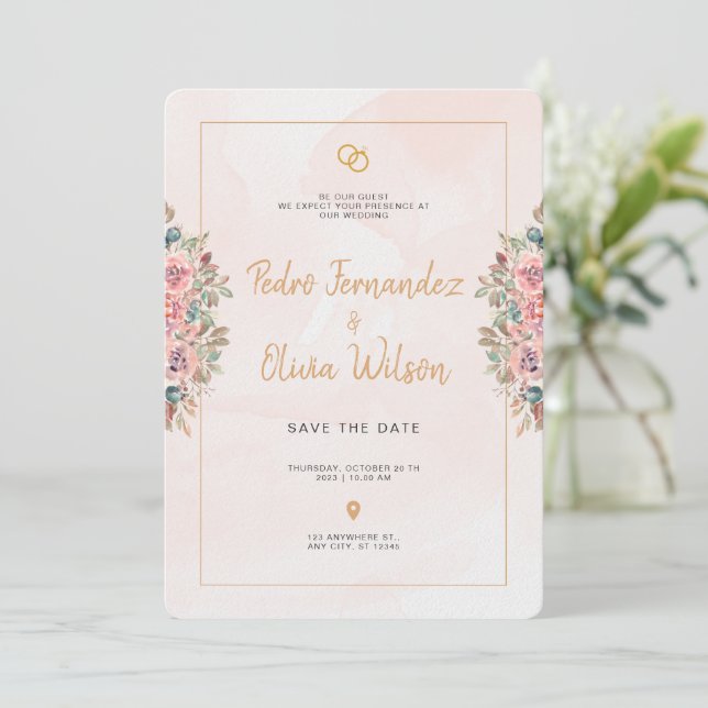 Rosa Enkel Minimalistiska Blommor Bröllopsinbjudan Inbjudningar (Stående Fram)