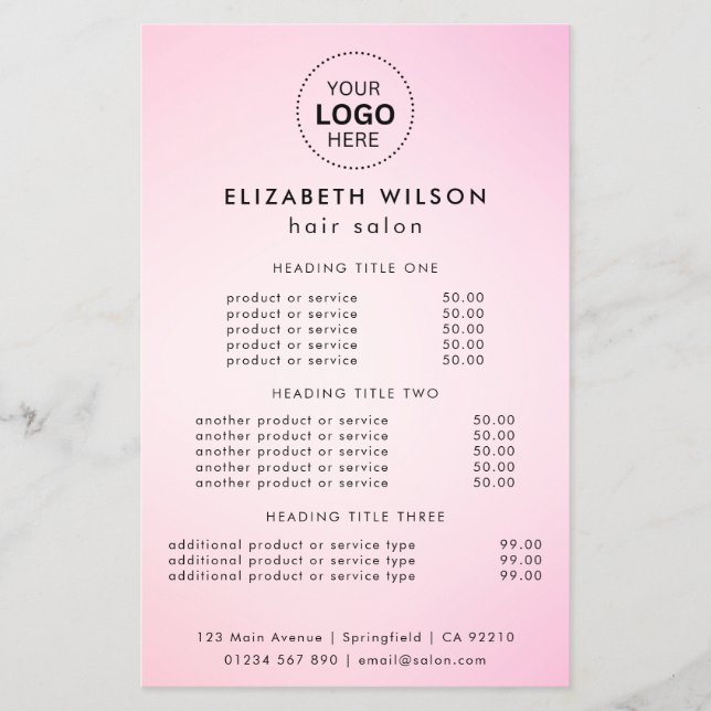 Rosa Enkel Salong Service Meny Flyer (Framsidan)