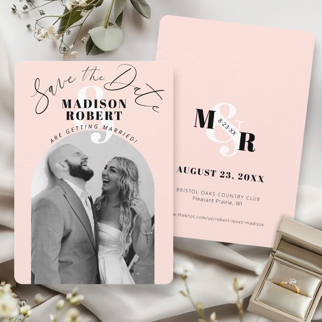 Rosa et-tecken svartvitt foto båge bröllop spara datumet (Unique Blush pink ampersand monogram black and white arch photo modern wedding save the date card)