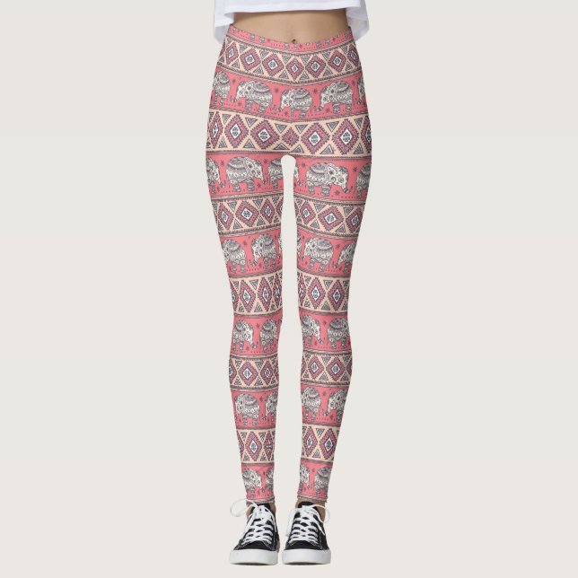 Rosa etniskt elefantmönster leggings (Framsida)