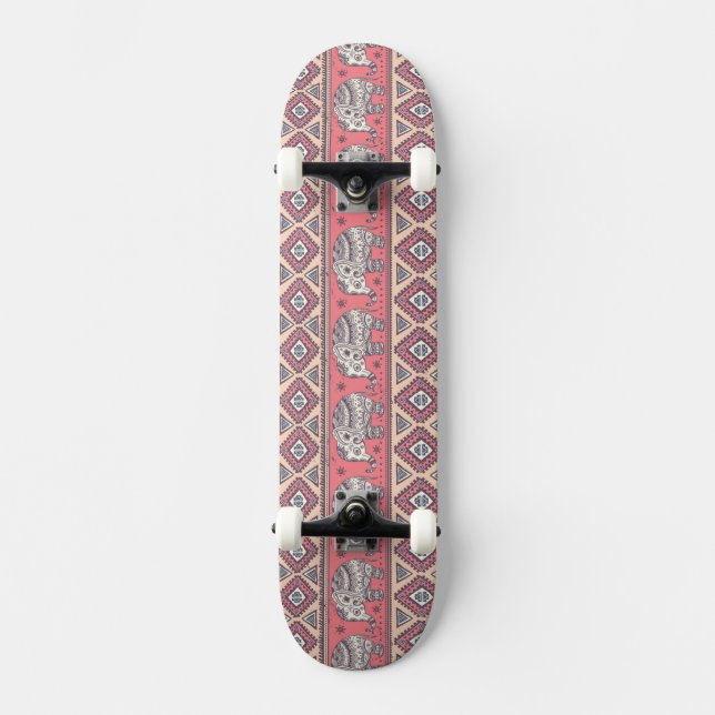 Rosa etniskt elefantmönster skateboard bräda 20,5 cm (Framsida)