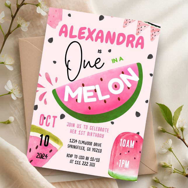Rosa ett i Melon 1st Watermelon Girl Birthday Inbjudningar (Pink One in A Melon 1st Watermelon Girl Birthday Invitation)