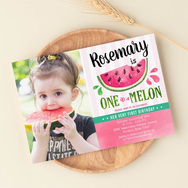 Rosa ett i melon First Birthday Photo Inbjudningar (Skapare uppladdad)