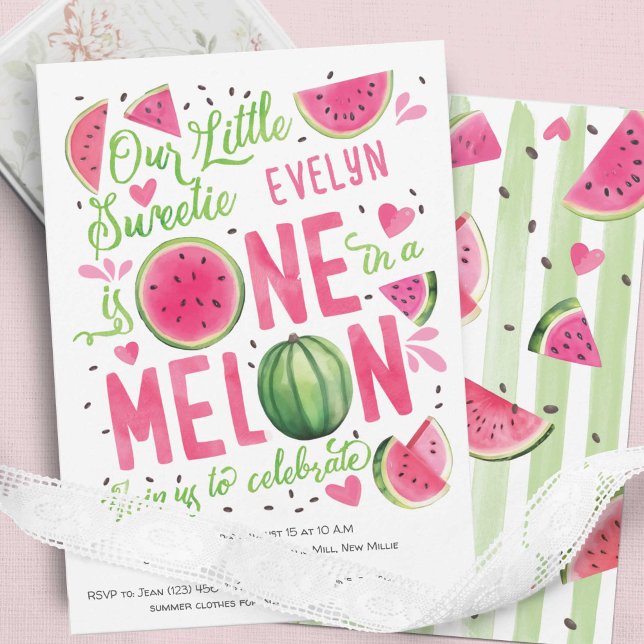 Rosa ett i melon, sommarfrukttårmelon inbjudningar (Summer Adorable  pink Watercolor One In a Melon, Watercolor Themed Girl 1st Birthday Invitations.)