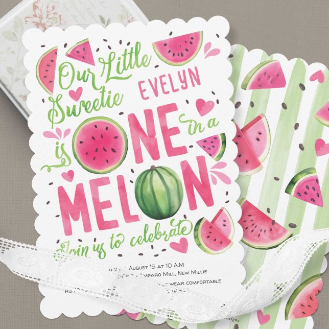 Rosa ett i melon, sommarfrukttunga 1:a (Summer Bright Pink Watercolor One In a Melon, Watercolor Themed Girl 1st Birthday Invitation.)