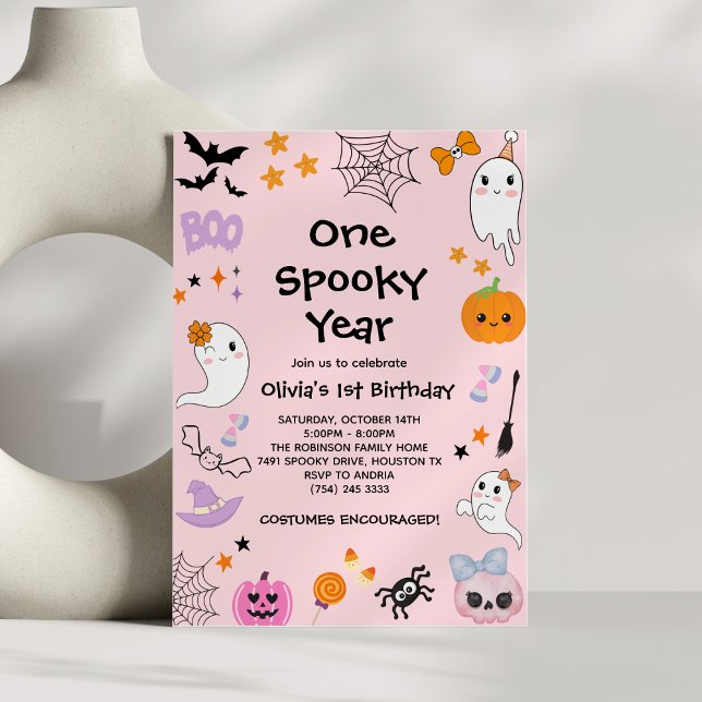 Rosa Ett taloky År Ghost Halloween 1 födelsedag Inbjudningar (Pink One Spooky Year Ghost Halloween 1st Birthday Invitation )